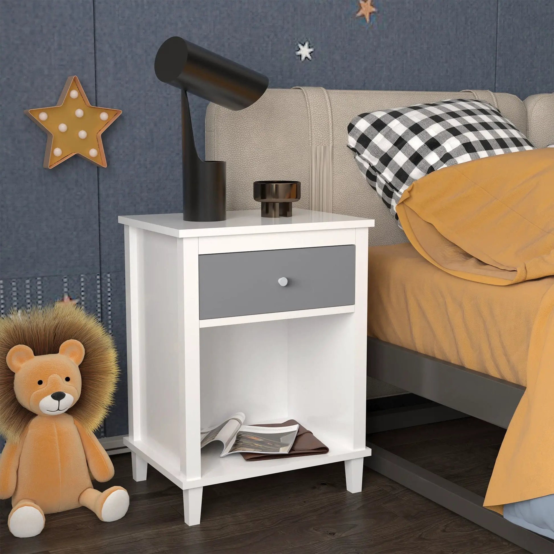 Nightstand with 1 drawer and 1 shelf, white frame with gray front beside bed with a black lamp on Tampa Home & Garden Store