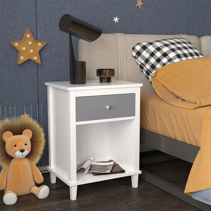 Nightstand with 1 drawer and 1 shelf, white frame with gray front beside bed with a black lamp on Tampa Home & Garden Store
