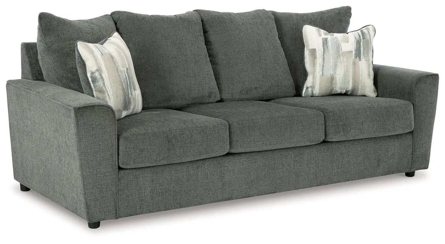 Stairatt - Sofa in dark gray textured fabric with 3 back cushions and 2 decorative pillows on Tampa Home & Garden Store