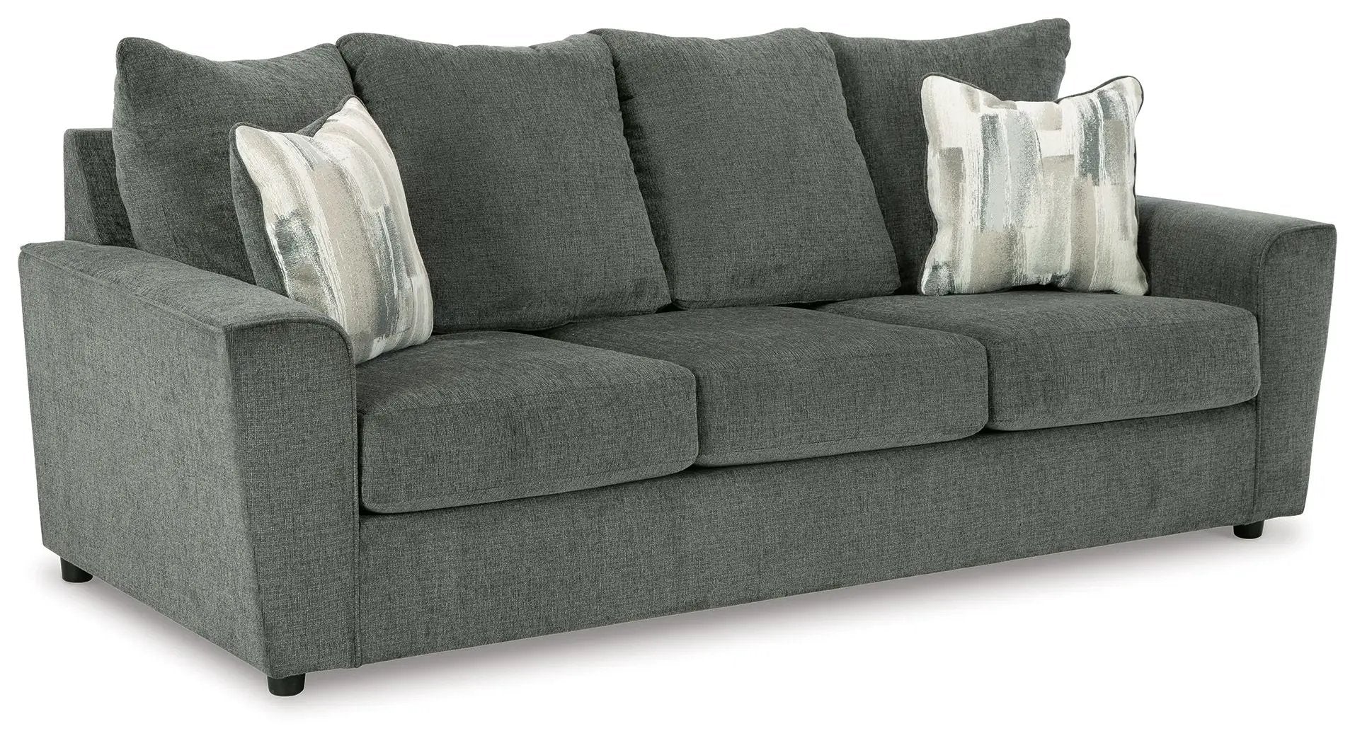 Stairatt - Sofa in dark gray textured fabric with 3 back cushions and 2 decorative pillows on Tampa Home & Garden Store