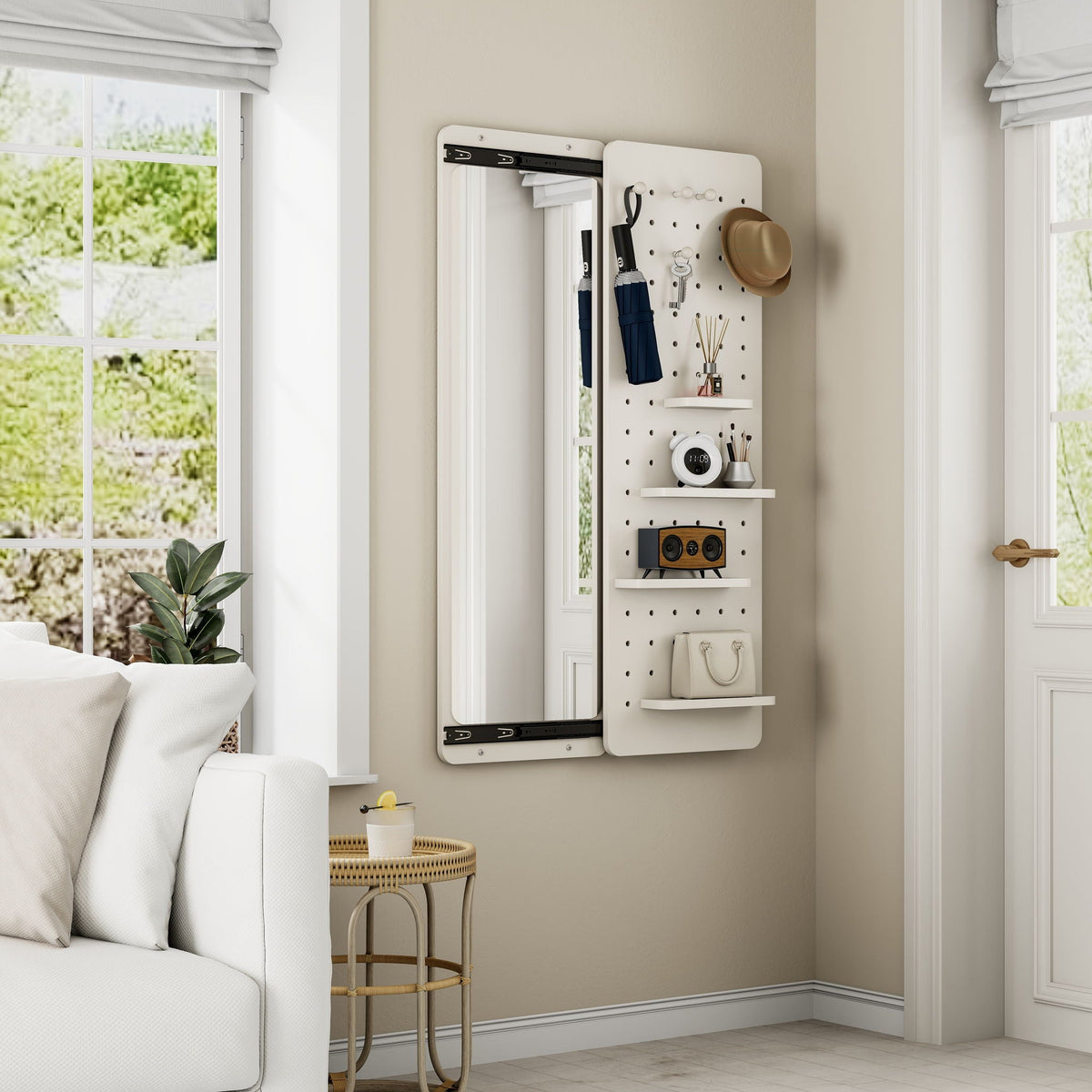 Full length wall mounted mirror with shelf and pegboard hooks in white by HouseOfZazla on Tampa Home & Garden Store