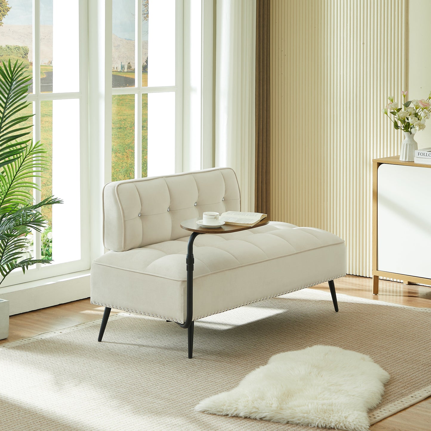 Modern Velvet Sofa with Rotating Side Table