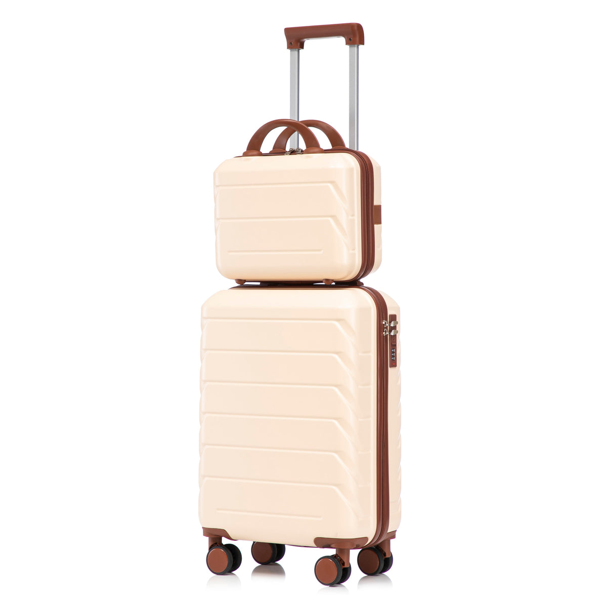 Beige ABS spinner luggage set, 2-piece (14in & 20in) with brown handles on Tampa Home & Garden Store