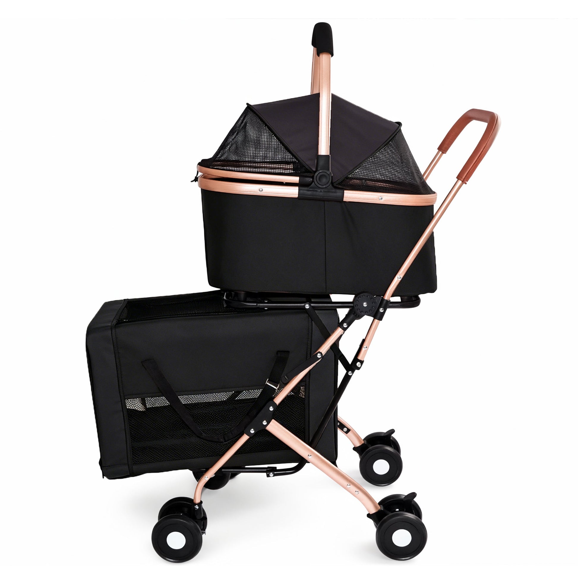Double pet stroller by HouseOfZazla in black with rose-gold frame and mesh side panels on Tampa Home & Garden Store
