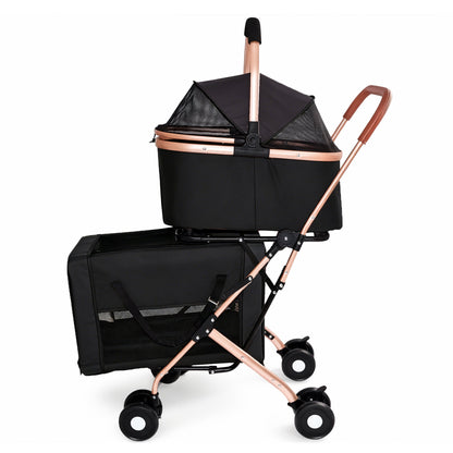 Double pet stroller by HouseOfZazla in black with rose-gold frame and mesh side panels on Tampa Home & Garden Store