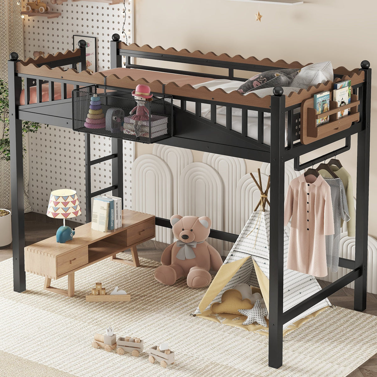 Twin XL loft bed with ladders and storage shelves in black metal frame HouseOfZazla on Tampa Home & Garden Store