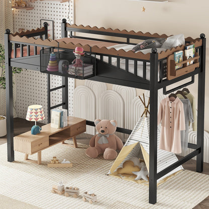 Twin XL loft bed with ladders and storage shelves in black metal frame HouseOfZazla on Tampa Home & Garden Store