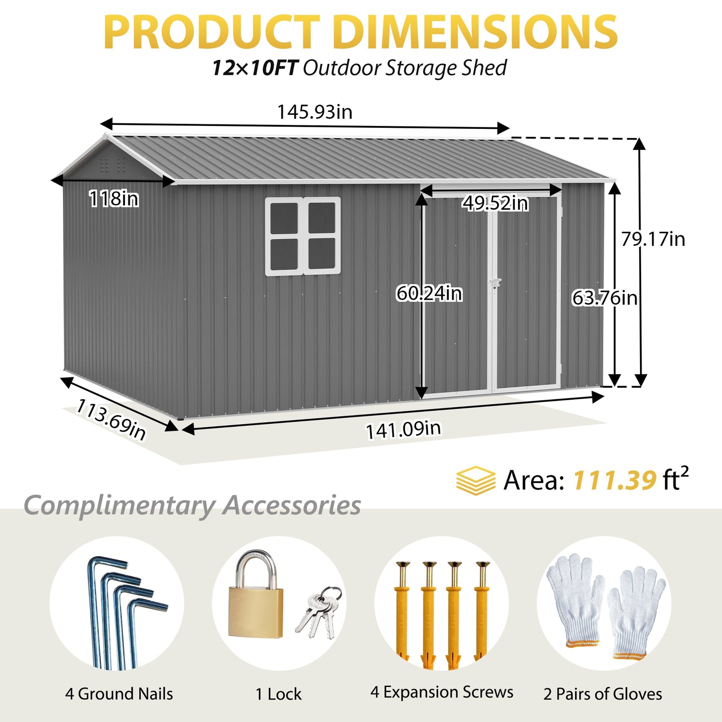 12x10 Ft Outdoor Metal Tool and Storage Shed