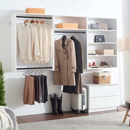Wall mounted white wood closet by HouseOfZazla; modular triple wardrobes with shirts organized on Tampa Home & Garden Store