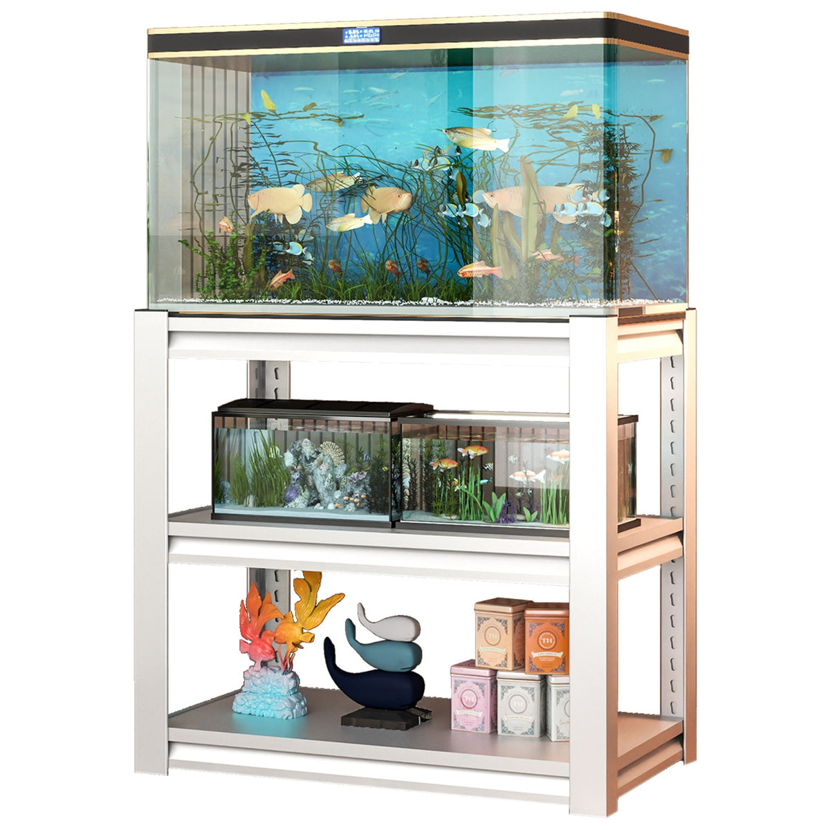 Stylish metal aquarium stand for 20-30 gal tanks with white frame and wood shelves HouseOfZazla on Tampa Home & Garden Store