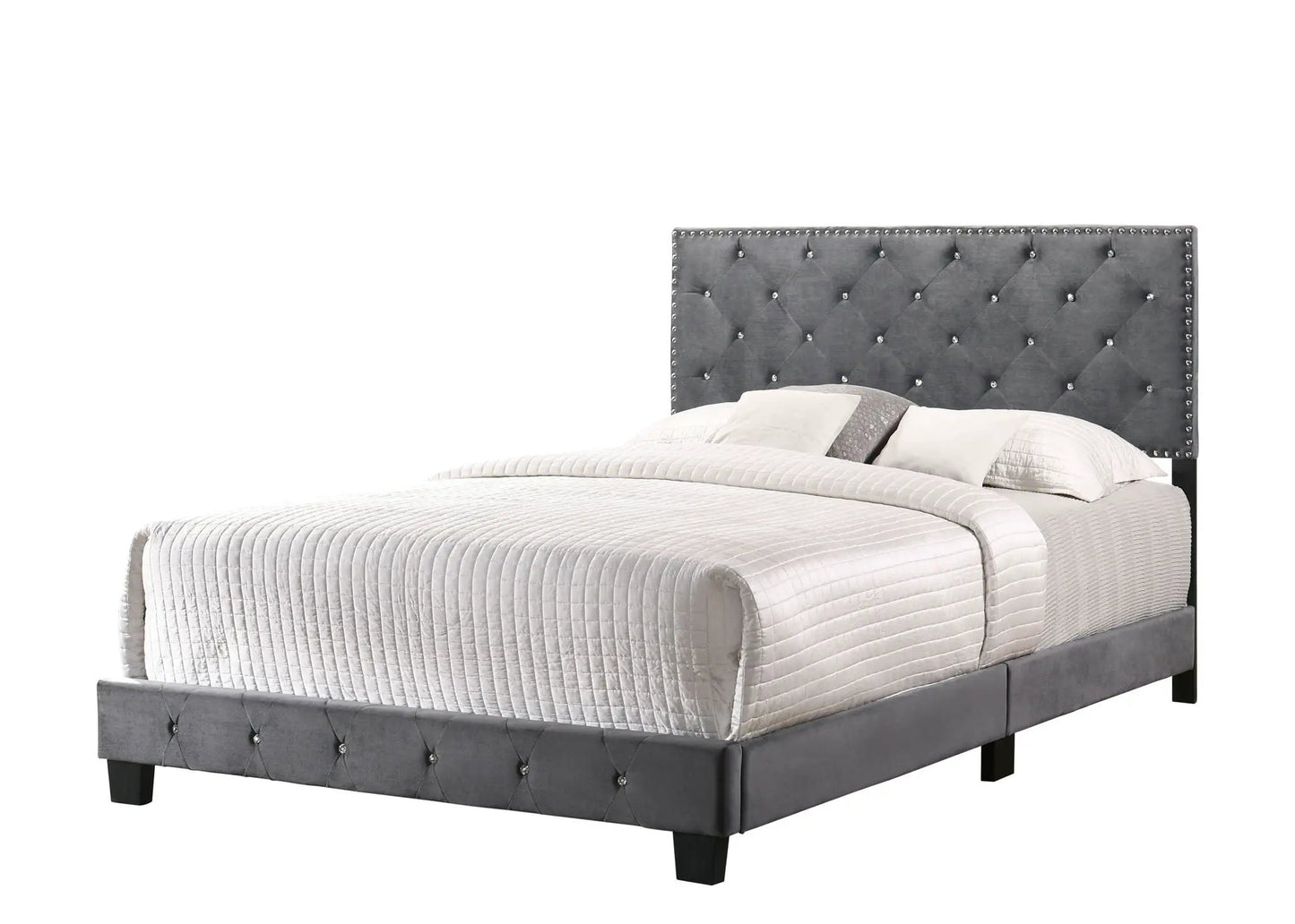Luxurious upholstered bed with gray tufted headboard and nailhead trim by Unique Piece Furniture on Tampa Home & Garden Store