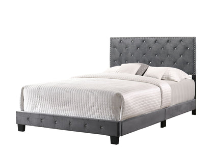 Luxurious upholstered bed with tufted grey headboard and nailhead trim by HouseOfZazla on Tampa Home & Garden Store