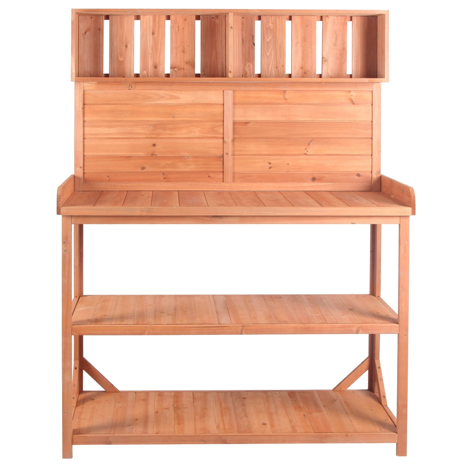 TOPMAX 65' large wooden farmhouse outdoor potting bench with slatted back and lower cabinet on Tampa Home & Garden Store