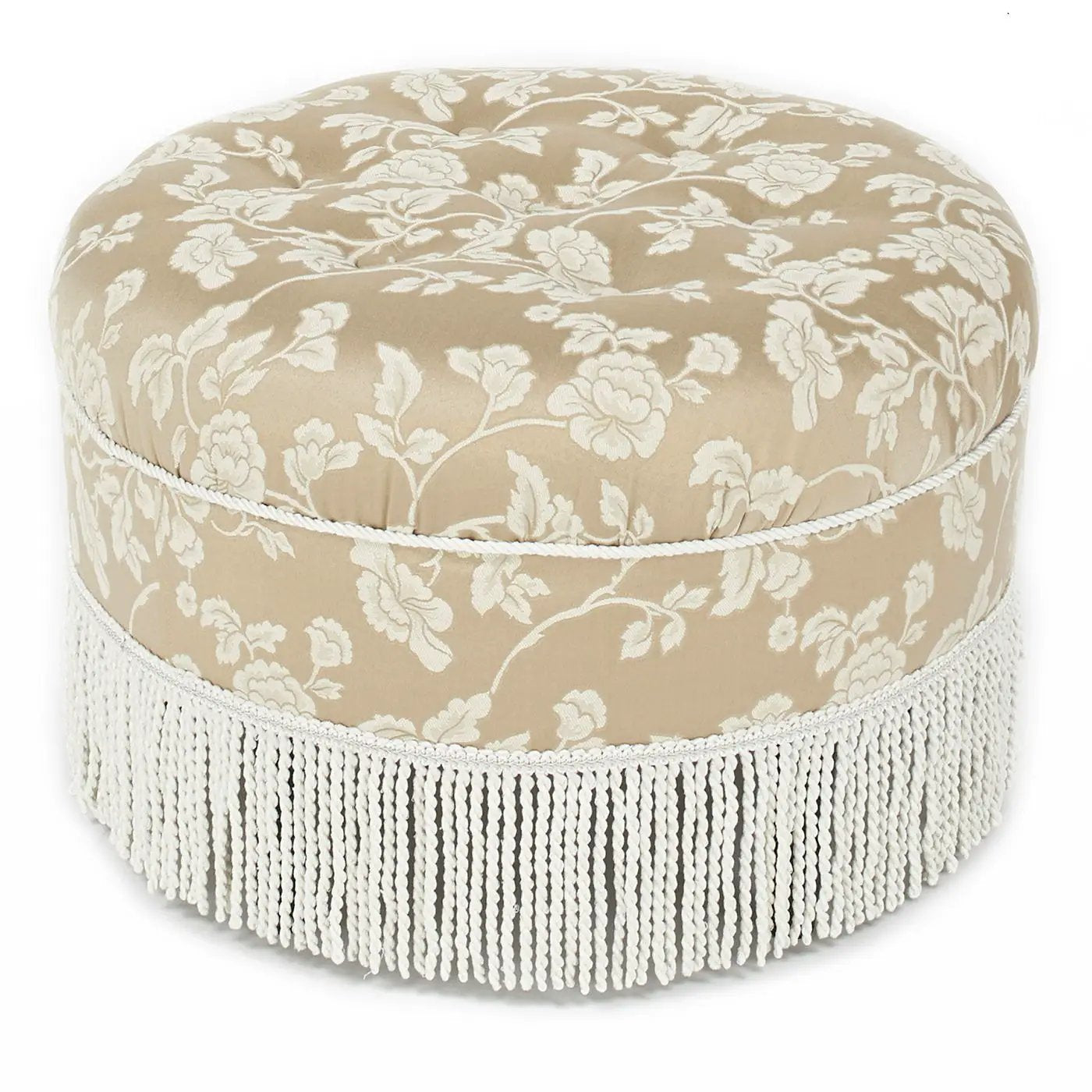 Yolanda round upholstered ottoman beige floral damask with fringe trim by Unique Piece Furniture on Tampa Home & Garden Store