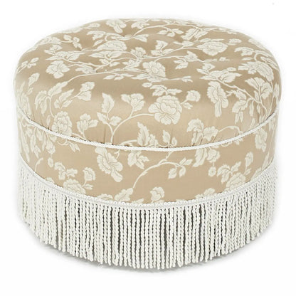 Yolanda round upholstered ottoman beige floral damask with fringe trim by Unique Piece Furniture on Tampa Home & Garden Store