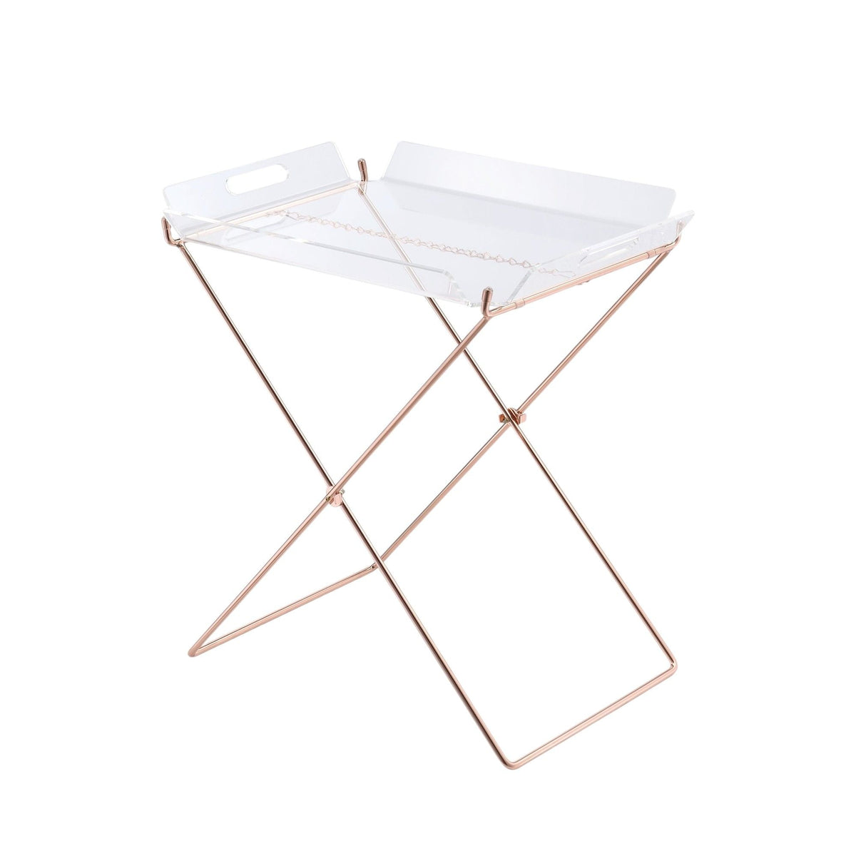 HouseOfZazla clear acrylic tray table with removable top on rose-gold metal X-frame stand on Tampa Home & Garden Store