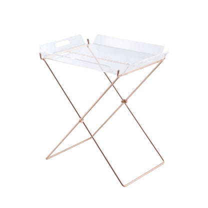HouseOfZazla clear acrylic tray table with removable top on rose-gold metal X-frame stand on Tampa Home & Garden Store