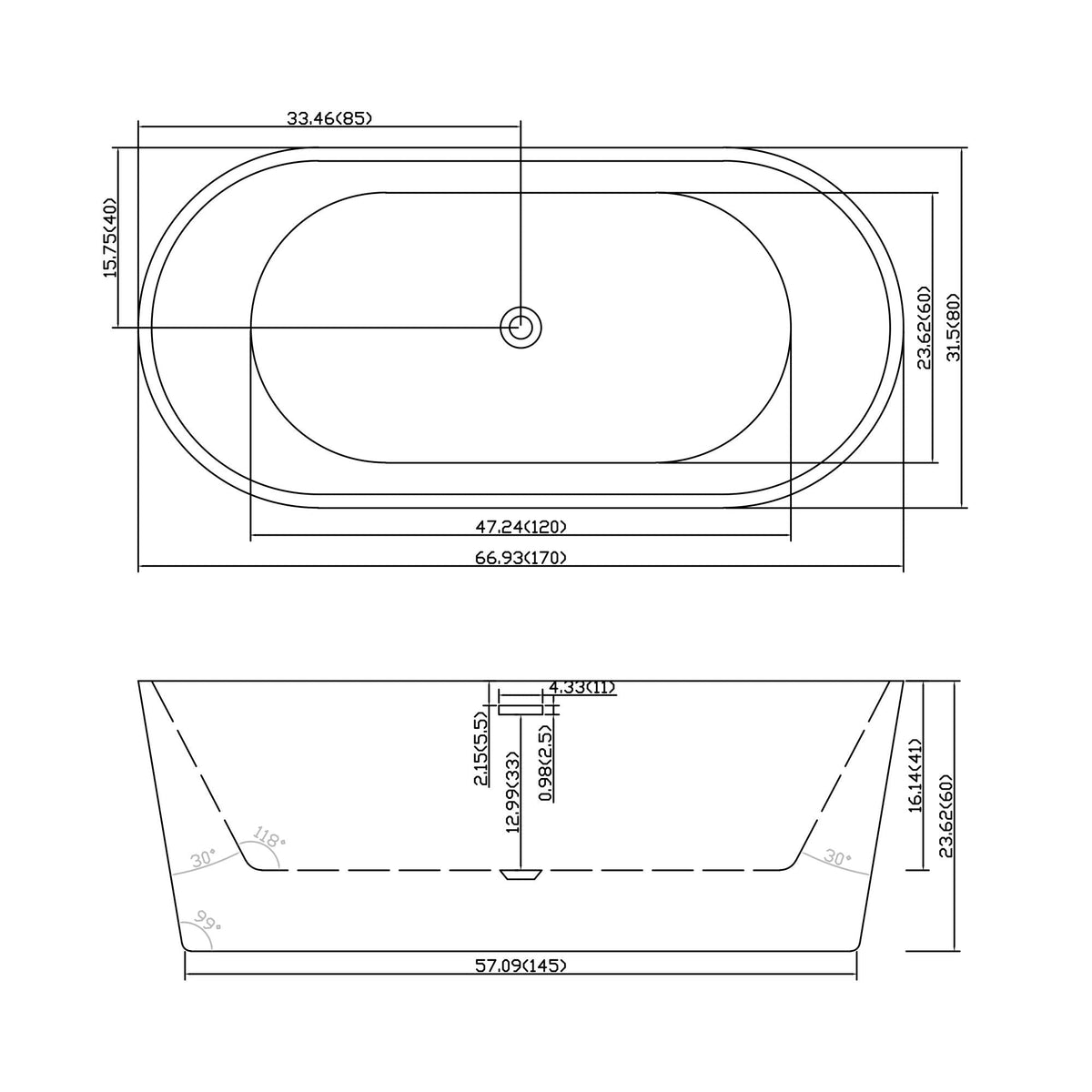 Glossy white freestanding bathtub with drain blueprint illustration HouseOfZazla Bathtubs on Tampa Home & Garden Store
