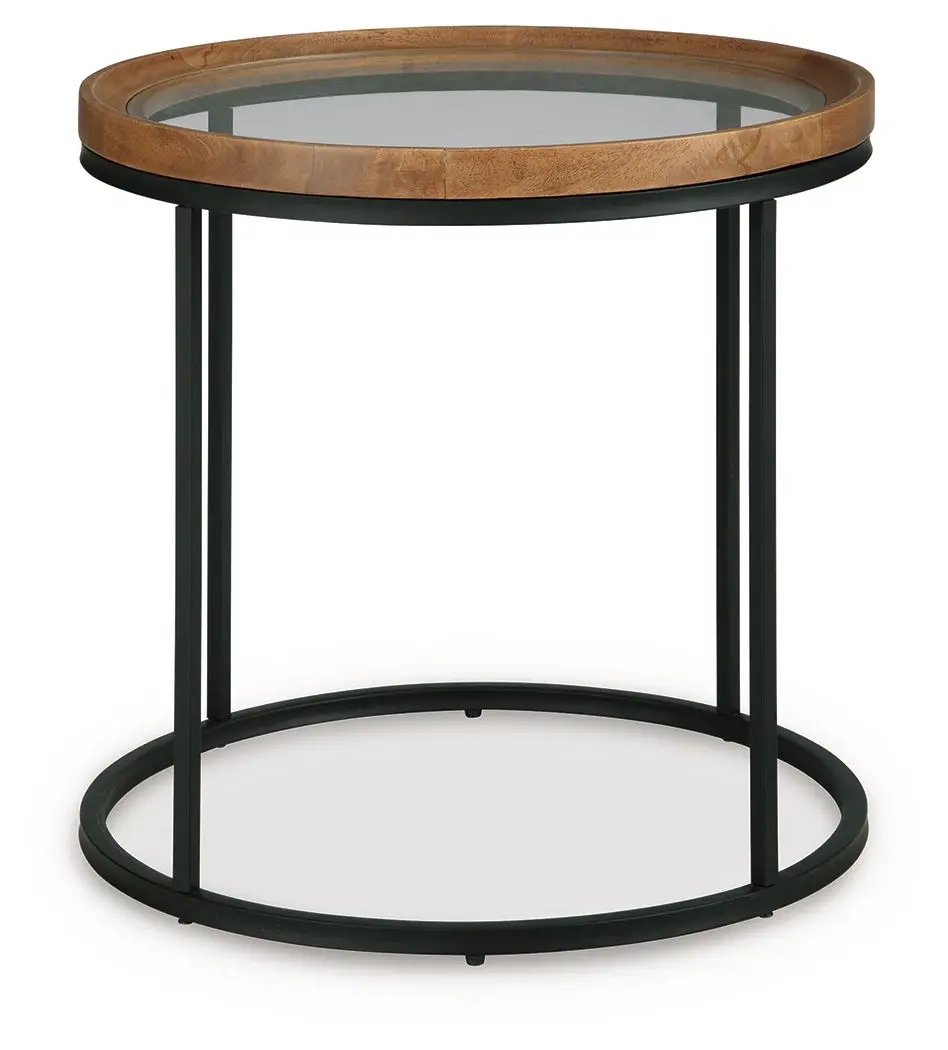 Noraluna round end table with wood rim, glass top, black metal frame on Tampa Home & Garden Store