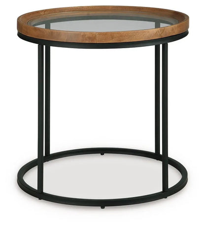 Noraluna round end table with wood rim, glass top, black metal frame on Tampa Home & Garden Store