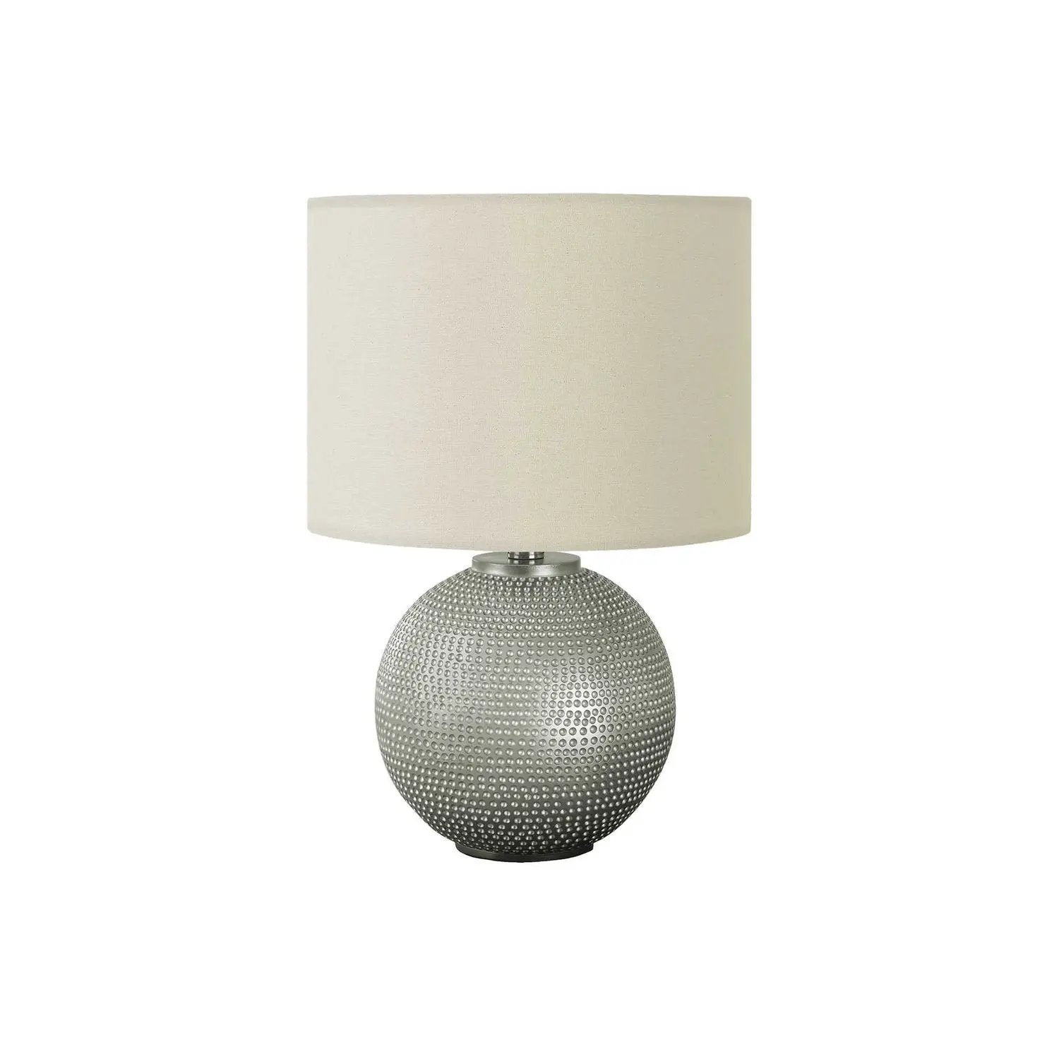 Table lamp with dotted metal globe base in gray and a cream shade by Unique Piece Furniture on Tampa Home & Garden Store