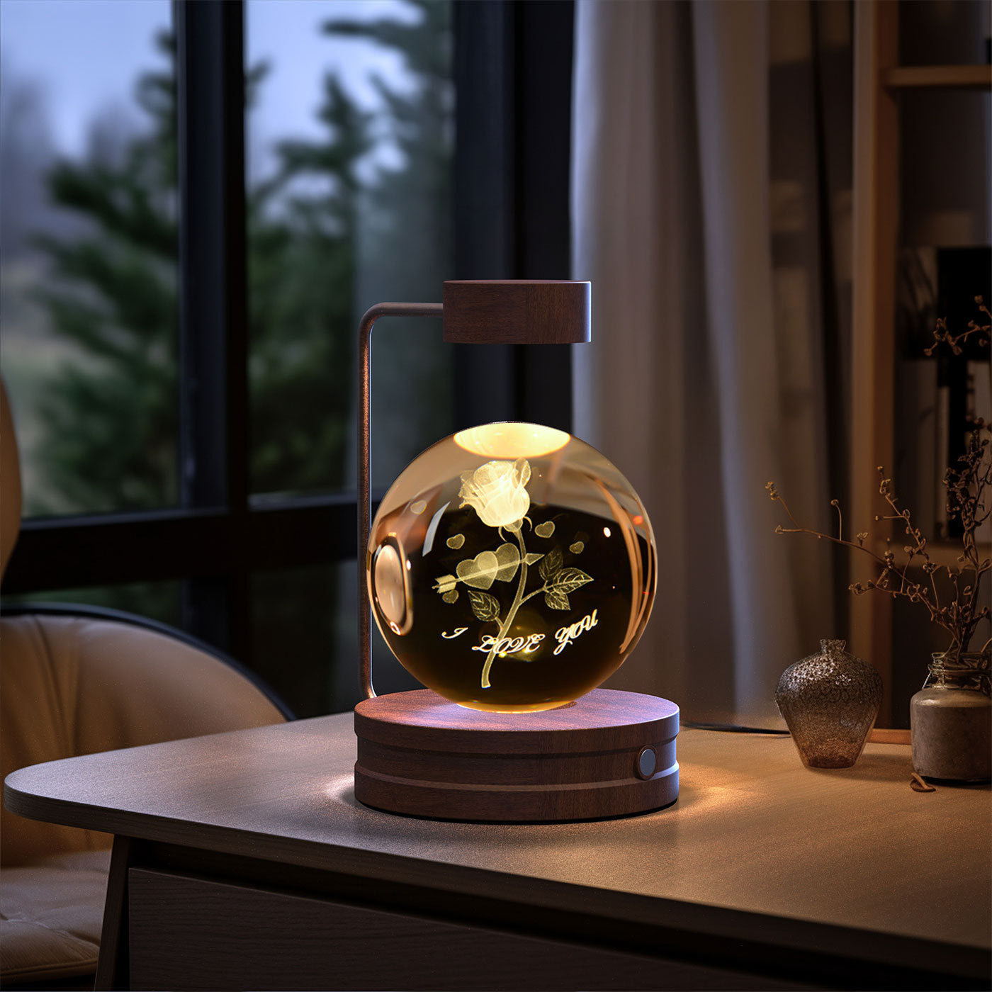 Crystal ball night light with rose engraving by Sell My Stuff, USB bedside lamp on wood base on Tampa Home & Garden Store