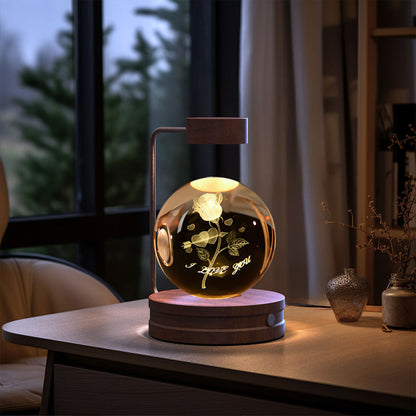 Crystal ball night light with rose engraving by Sell My Stuff, USB bedside lamp on wood base on Tampa Home & Garden Store