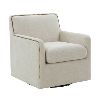 Swivel accent chair beige upholstery with antique brass nailhead trim by HouseOfZazla on Tampa Home & Garden Store