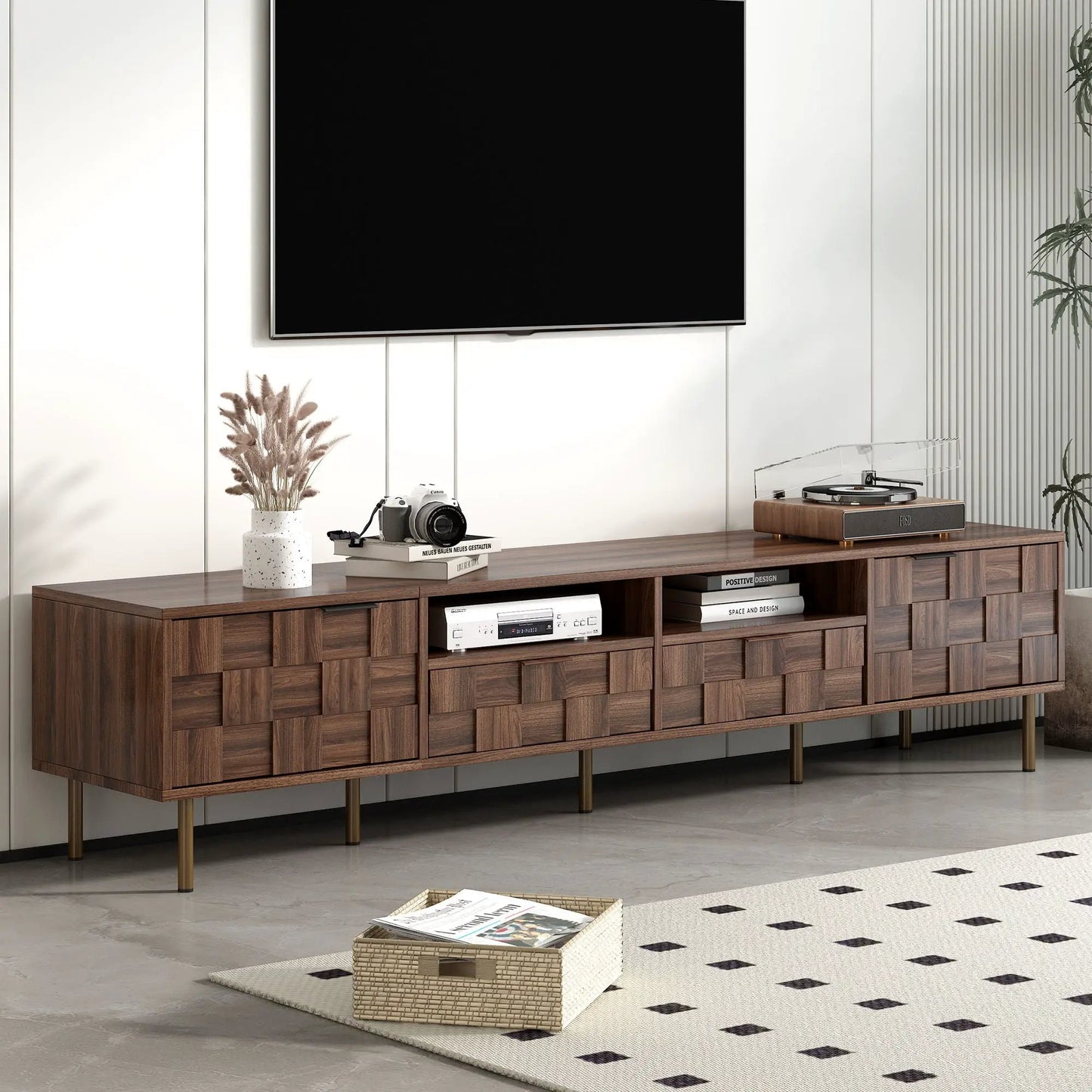 TV Stand with 2 Drawers and Cabinets Mid Century