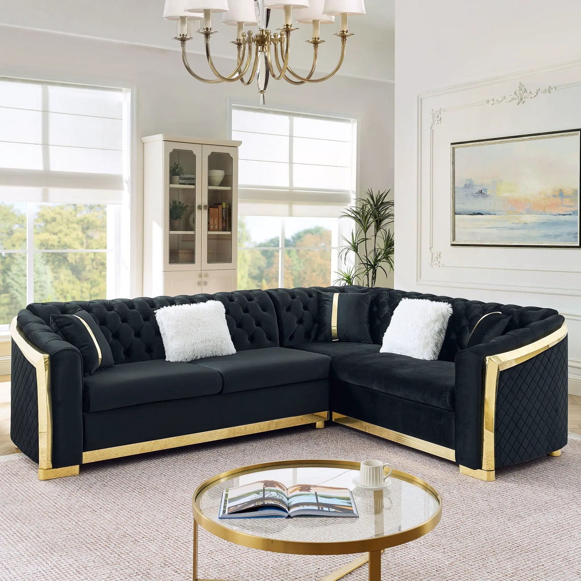 L-shaped Chesterfield sectional sofa with stainless steel accents, black tufted upholstery and gold frame on Tampa Home & Garden Store