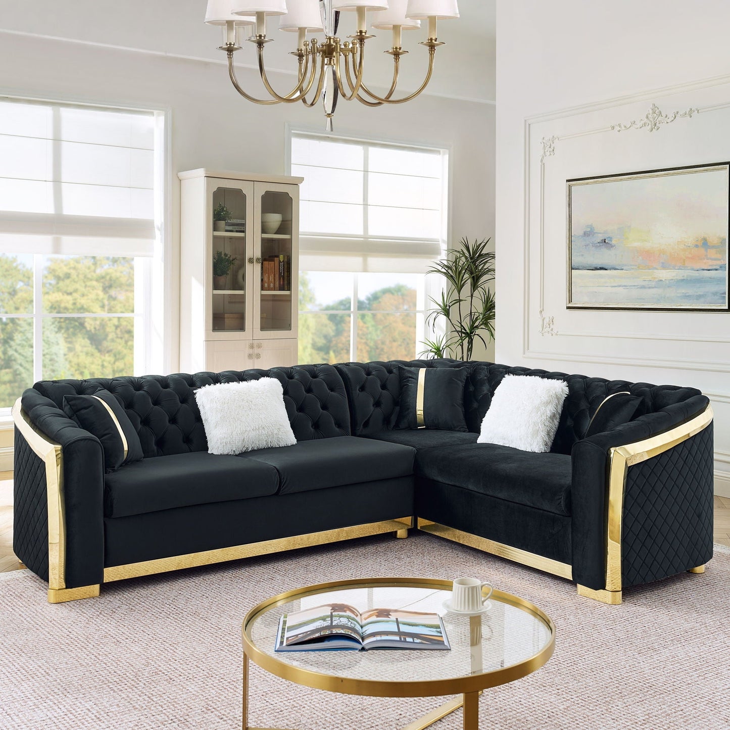 L-shaped Chesterfield stationary sofa by HouseOfZazla, black tufted upholstery, gold frame on Tampa Home & Garden Store