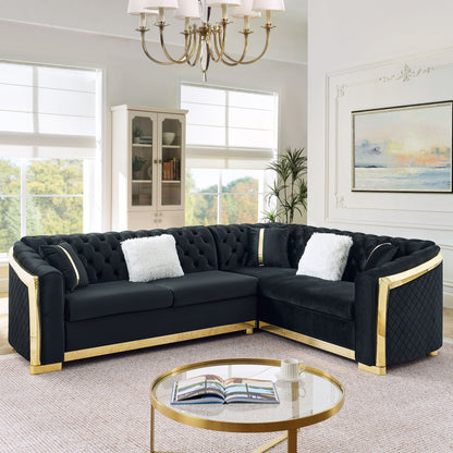 L-shaped Chesterfield stationary sofa by HouseOfZazla, black tufted upholstery, gold frame on Tampa Home & Garden Store