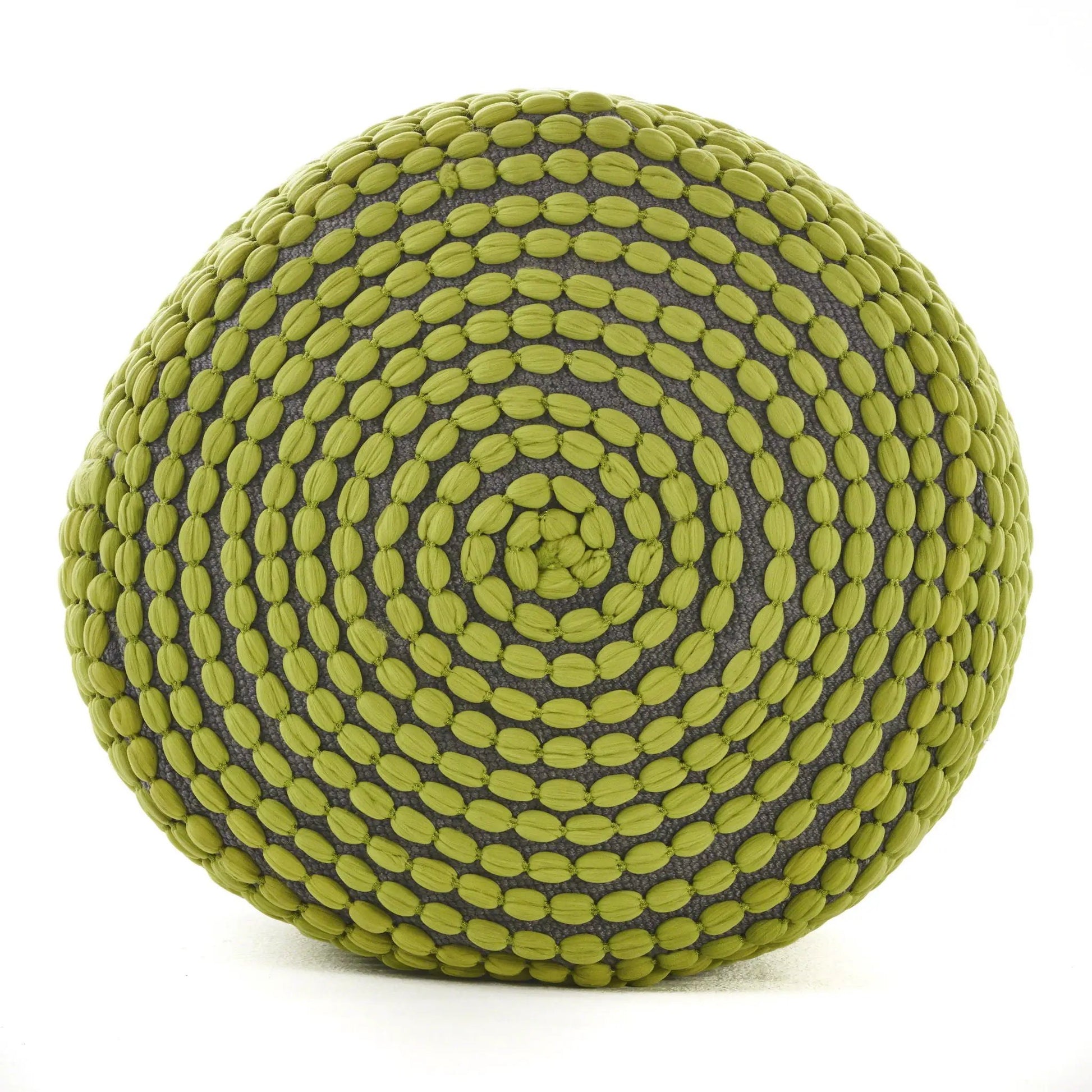 River handcrafted cylindrical pouf in olive-green water resistant fabric with beadlike texture on Tampa Home & Garden Store