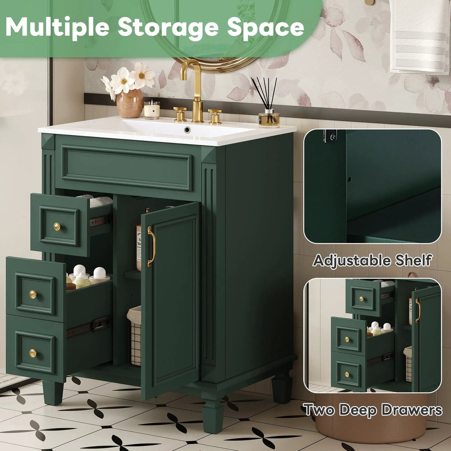 Bathroom vanity with sink, green cabinet, 2 drawers and adjustable shelf by Unique Piece Furniture on Tampa Home & Garden Store