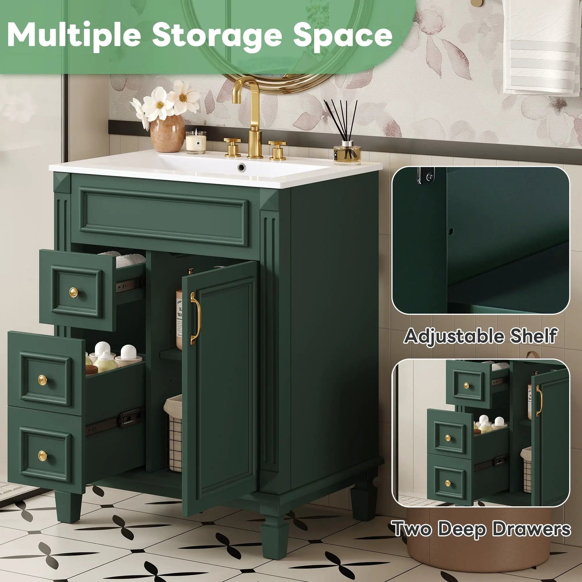 Bathroom vanity with sink, green cabinet, 2 drawers and adjustable shelf by Unique Piece Furniture on Tampa Home & Garden Store