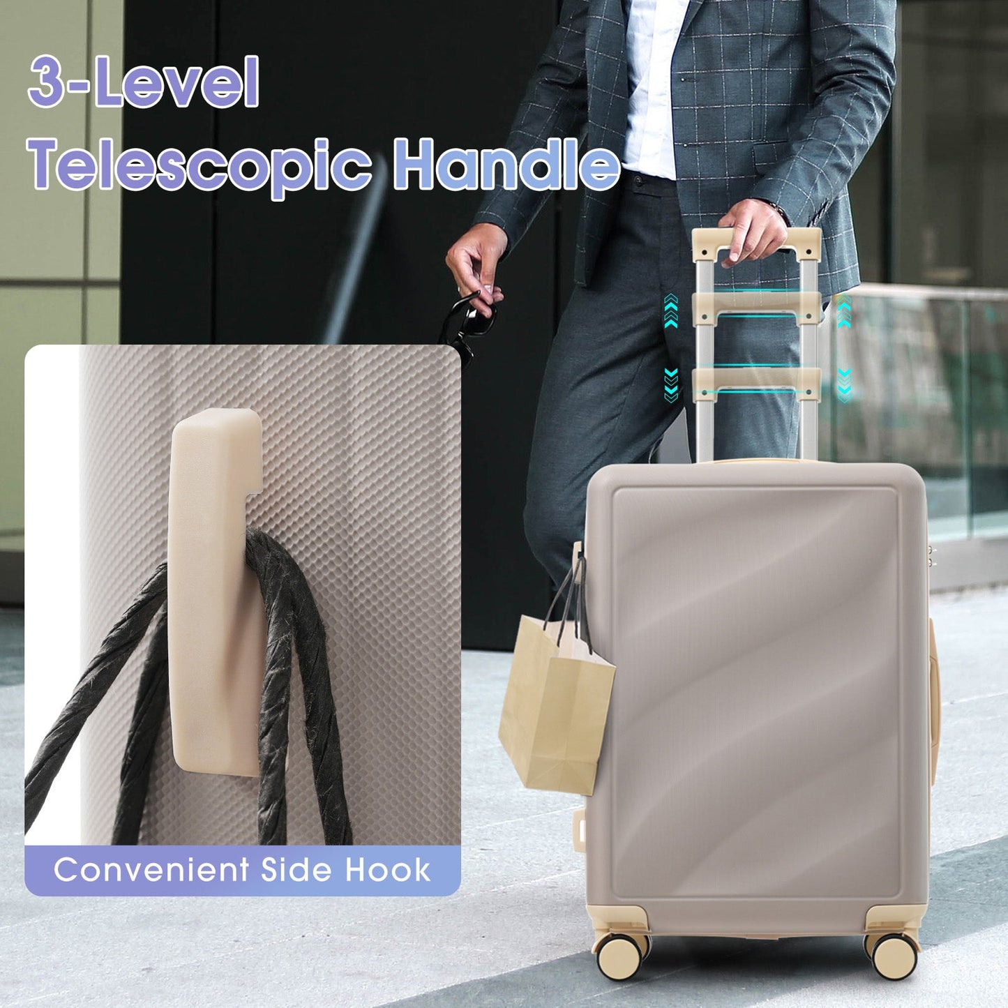 3-Piece Lightweight ABS Luggage Set by HouseOfZazla beige hard-shell with 3-level handle on Tampa Home & Garden Store