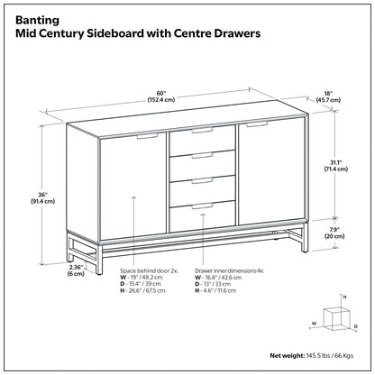 Banting Sideboard With Centre Drawers Oak Finish central drawers and side doors on Tampa Home & Garden Store