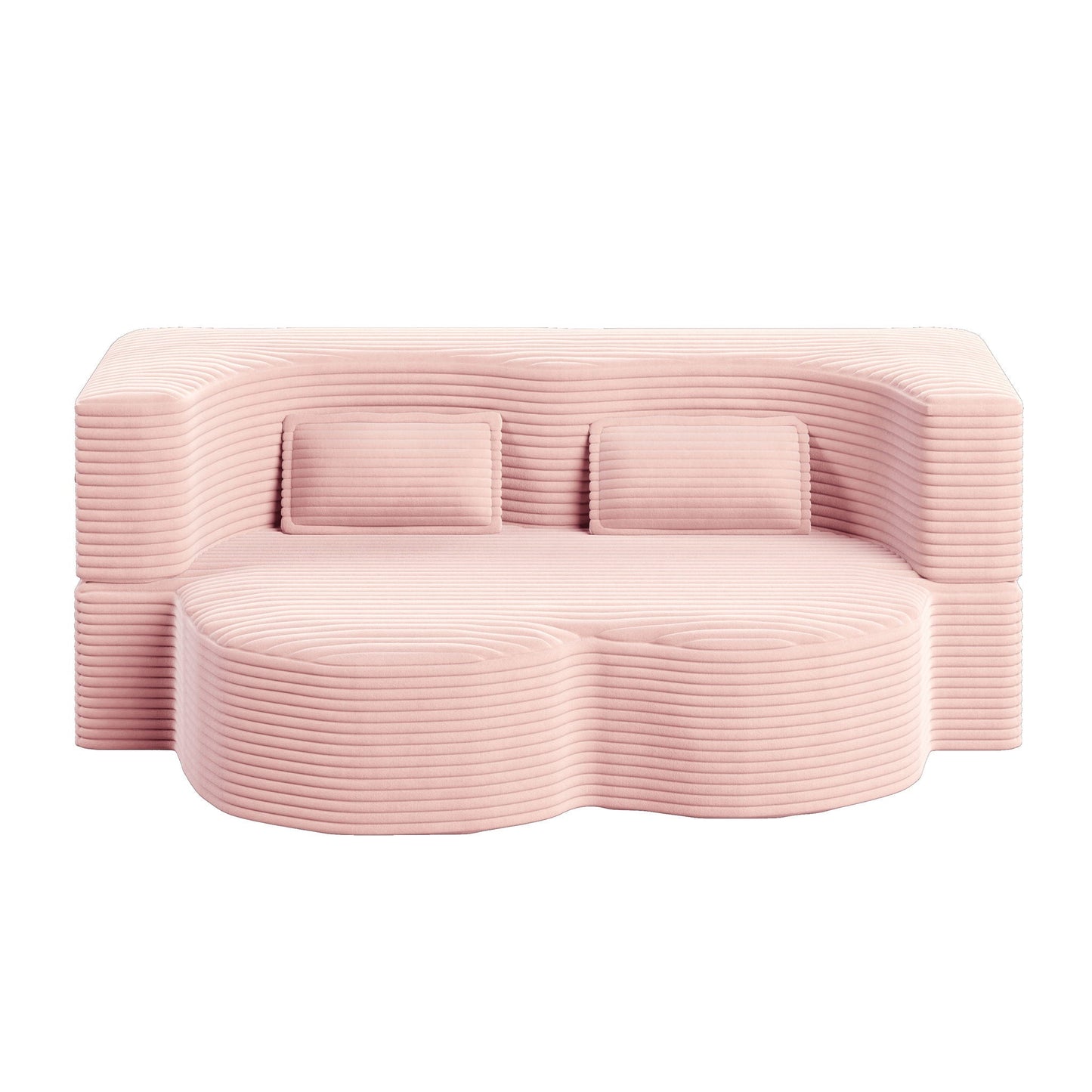 Convertible foam-filled sleeper futon sofa bed in pink ribbed fabric with 2 pillows on Tampa Home & Garden Store