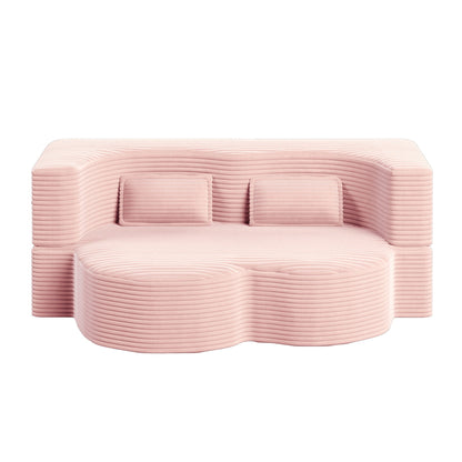 Convertible foam-filled sleeper futon sofa bed in pink ribbed fabric with 2 pillows on Tampa Home & Garden Store