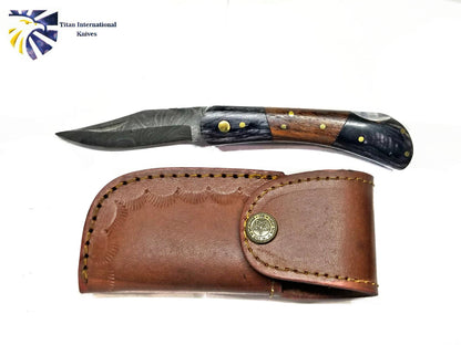 TF-009 Titan 2-piece folding knife with Damascus blade and wood/horn handle, leather sheath on Tampa Home & Garden Store