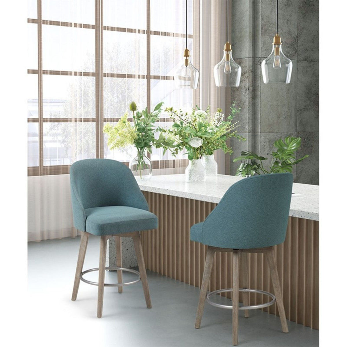 Bar stools with swivel seats; light blue upholstery; counter height 24–27; wood legs on Tampa Home & Garden Store