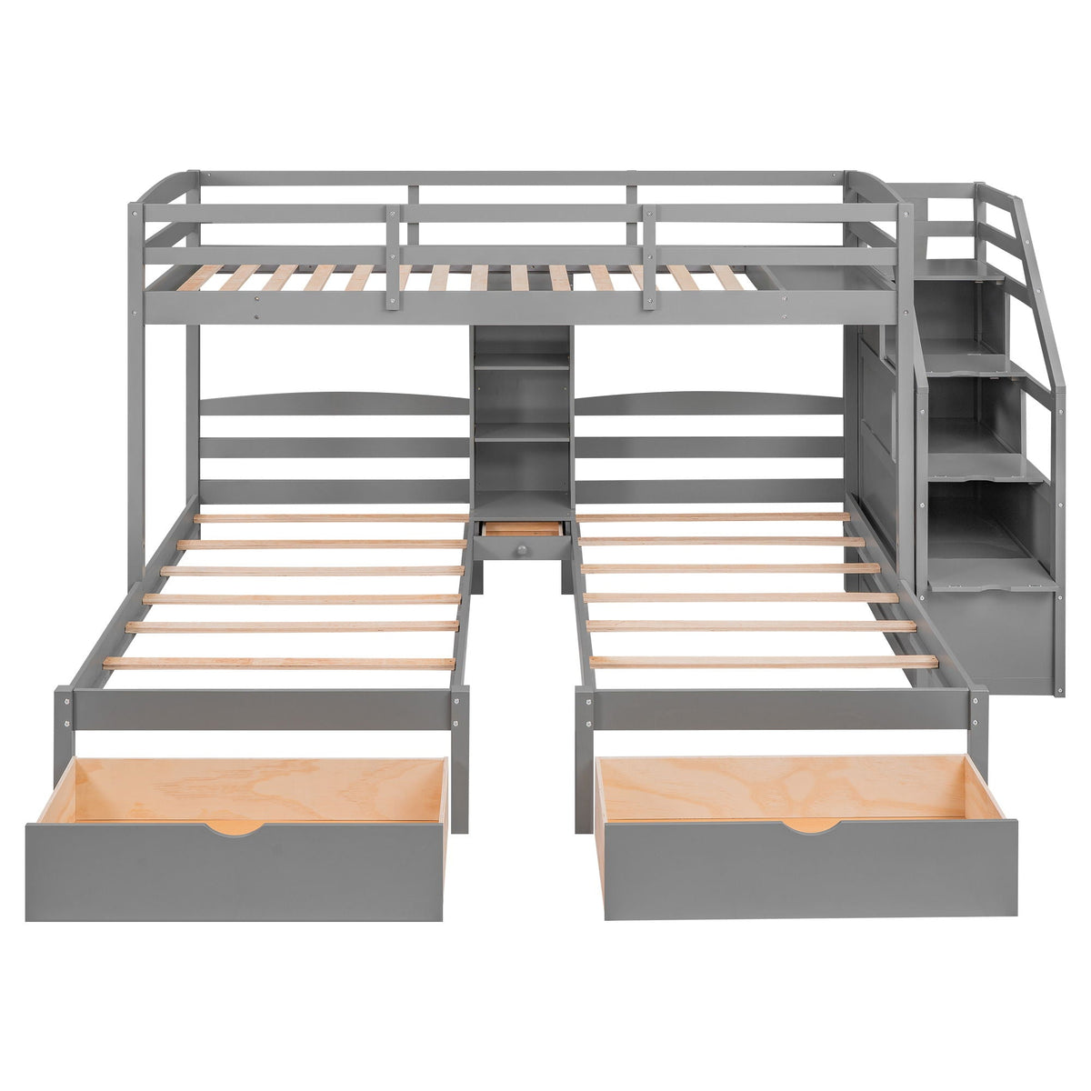 Gray twin over twin bunk bed with drawers, staircase storage and built-in shelves on Tampa Home & Garden Store