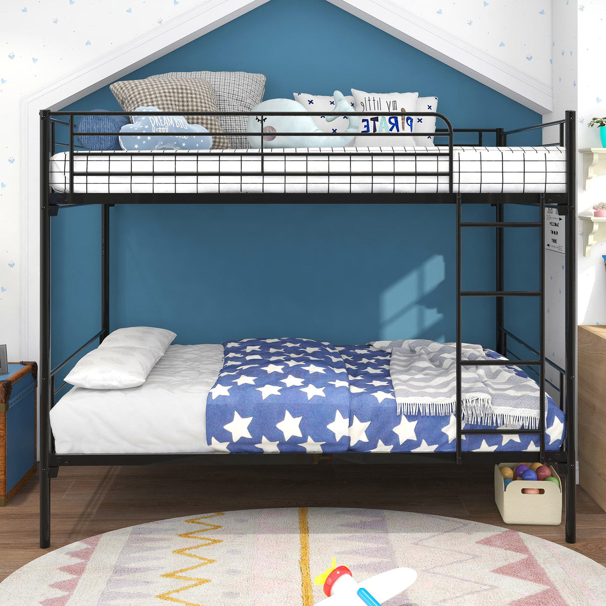 Twin over twin metal bunk bed in black frame with star-pattern bedding HouseOfZazla on Tampa Home & Garden Store