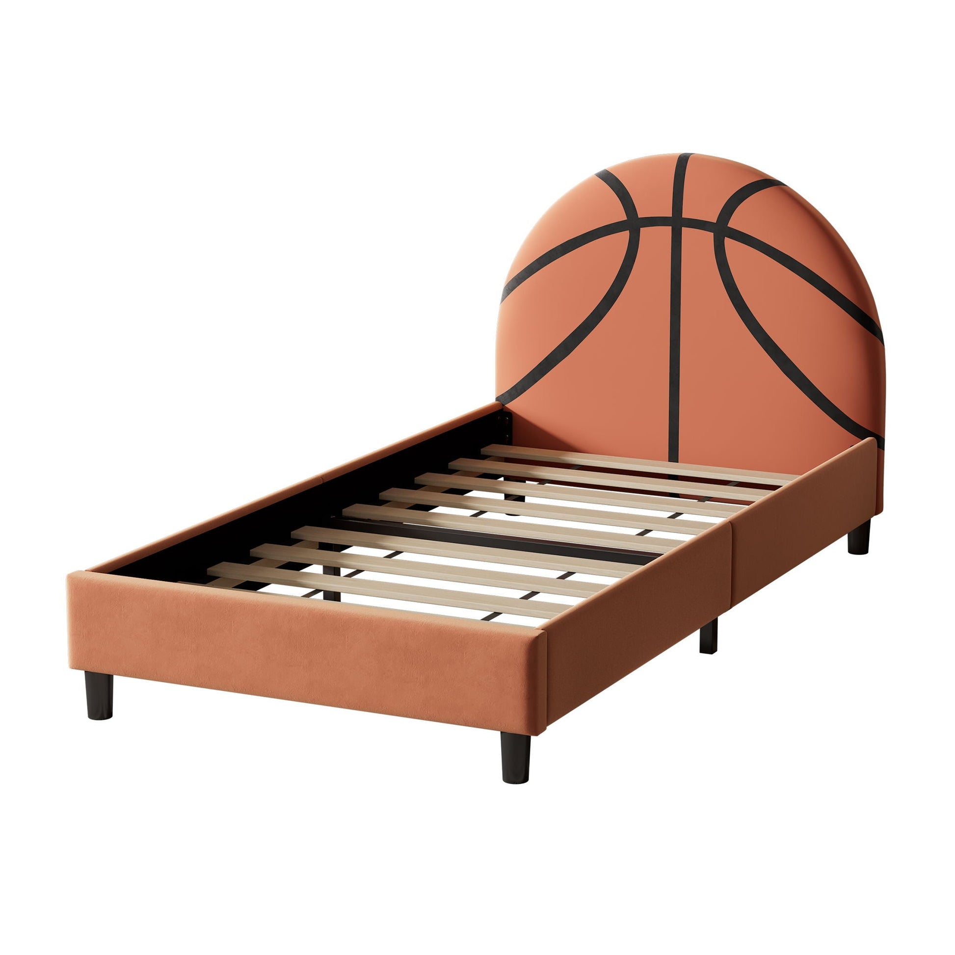 Basketball design orange upholstered twin platform bed with curved headboard and black seams on Tampa Home & Garden Store