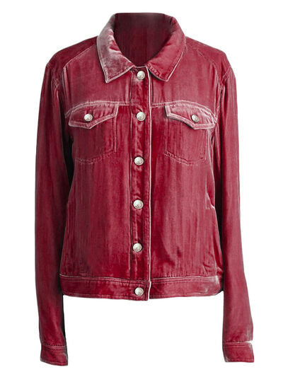 Casual Button-Up Long Sleeve Trucker Jacket Stevvex red velvet chest pockets relaxed fit on Tampa Home & Garden Store