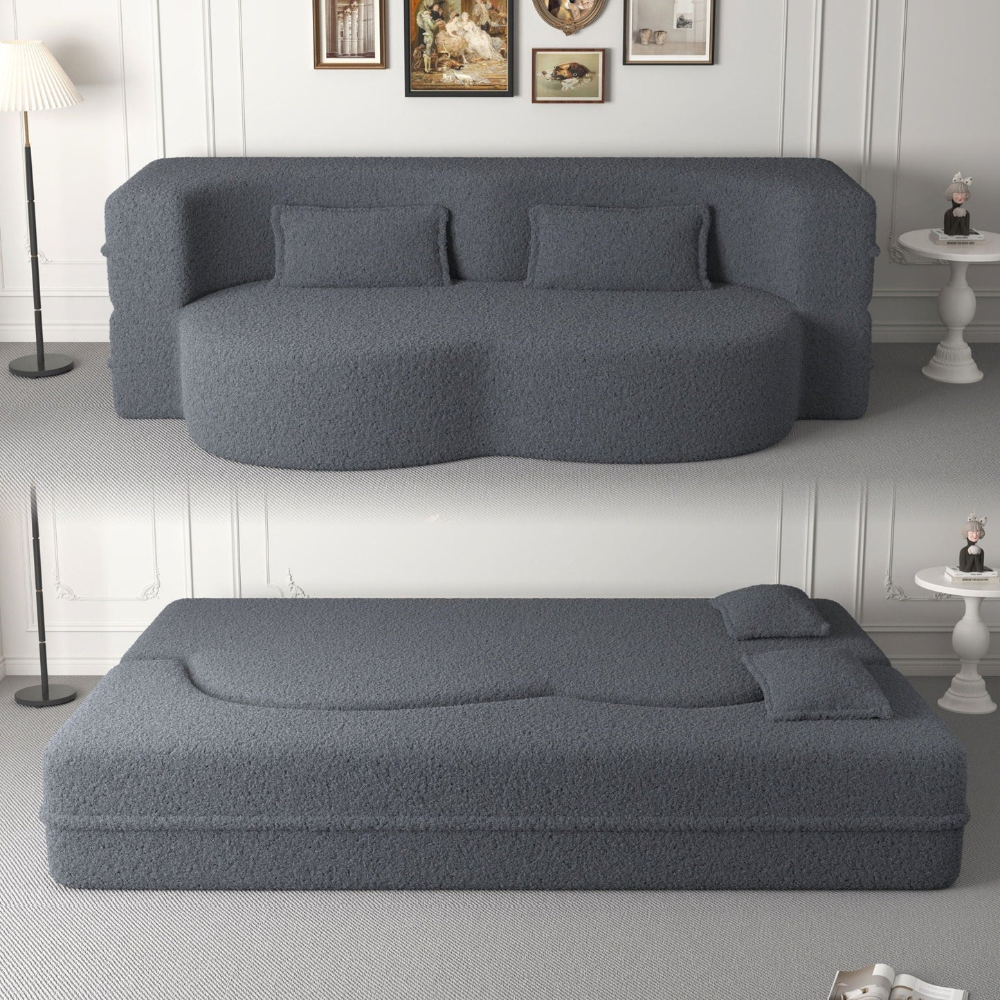 Modern floor futon sofa in dark gray teddy fabric with two foam-filled pillows on Tampa Home & Garden Store