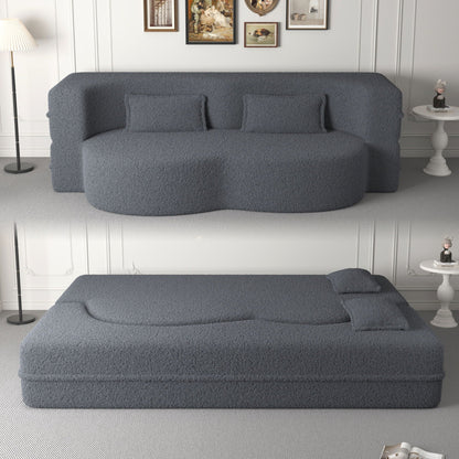 Modern floor futon sofa in dark gray teddy fabric with two foam-filled pillows on Tampa Home & Garden Store