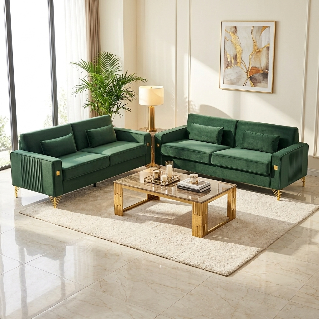 Emerald Green Velvet Sofa Set in the Living Room