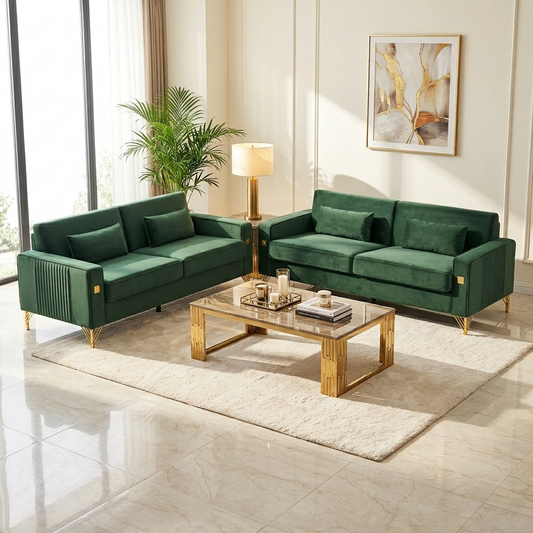 Emerald green velvet 2-piece sofa set by HouseOfZazla; two sofas with gold legs on Tampa Home & Garden Store
