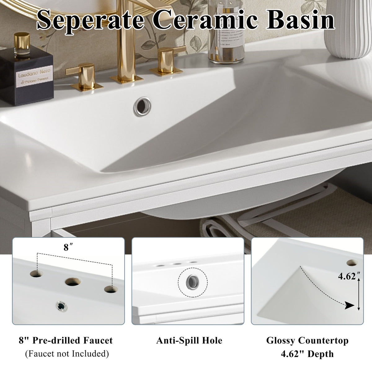 Modern white bathroom vanity with ceramic sink and gold faucet hardware by HouseOfZazla on Tampa Home & Garden Store